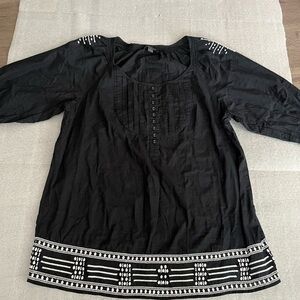 [L]Banana Republic WMN Linen Blend Tunic Blouse Black / White Embroidery NWOT